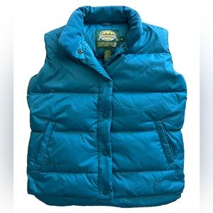 Cabelas Puffer Vest Women’s Small Blue Premier Goose Down 650 Logo Snap Outdoors